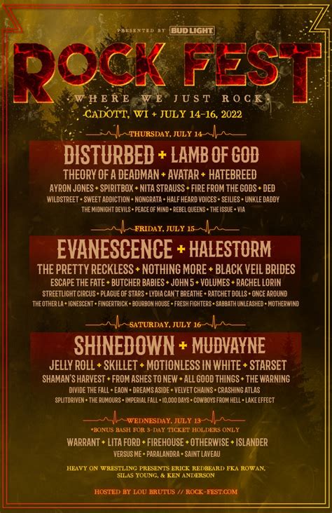Rockfest 2024 - What are the dates of Rock Fest Wisconsin 2024? This year, the event will be held from July 18-20, 2024. What is the age minimum? This event is all ages. Check the official …